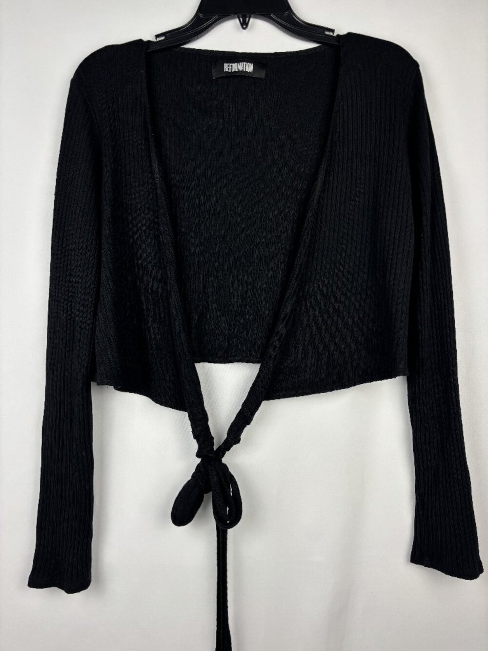 Large Reformation Tie Front Ribbed Top Long Sleeve Open Wrap Crop Stretch Soft